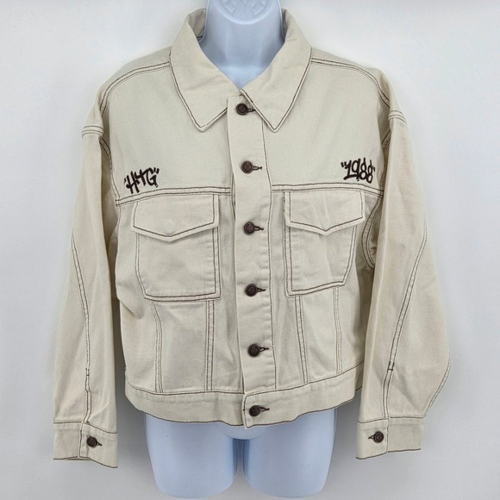 Honor The Gift Men Small Cream Denim Trucker Streetwear Graffiti Spellout Jacket